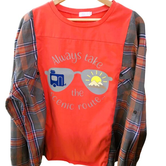 Upcycled Pullover Shirt, M-L: Reworked Scenic Route Graphic Tee, Camping Travel - Picture 1 of 11
